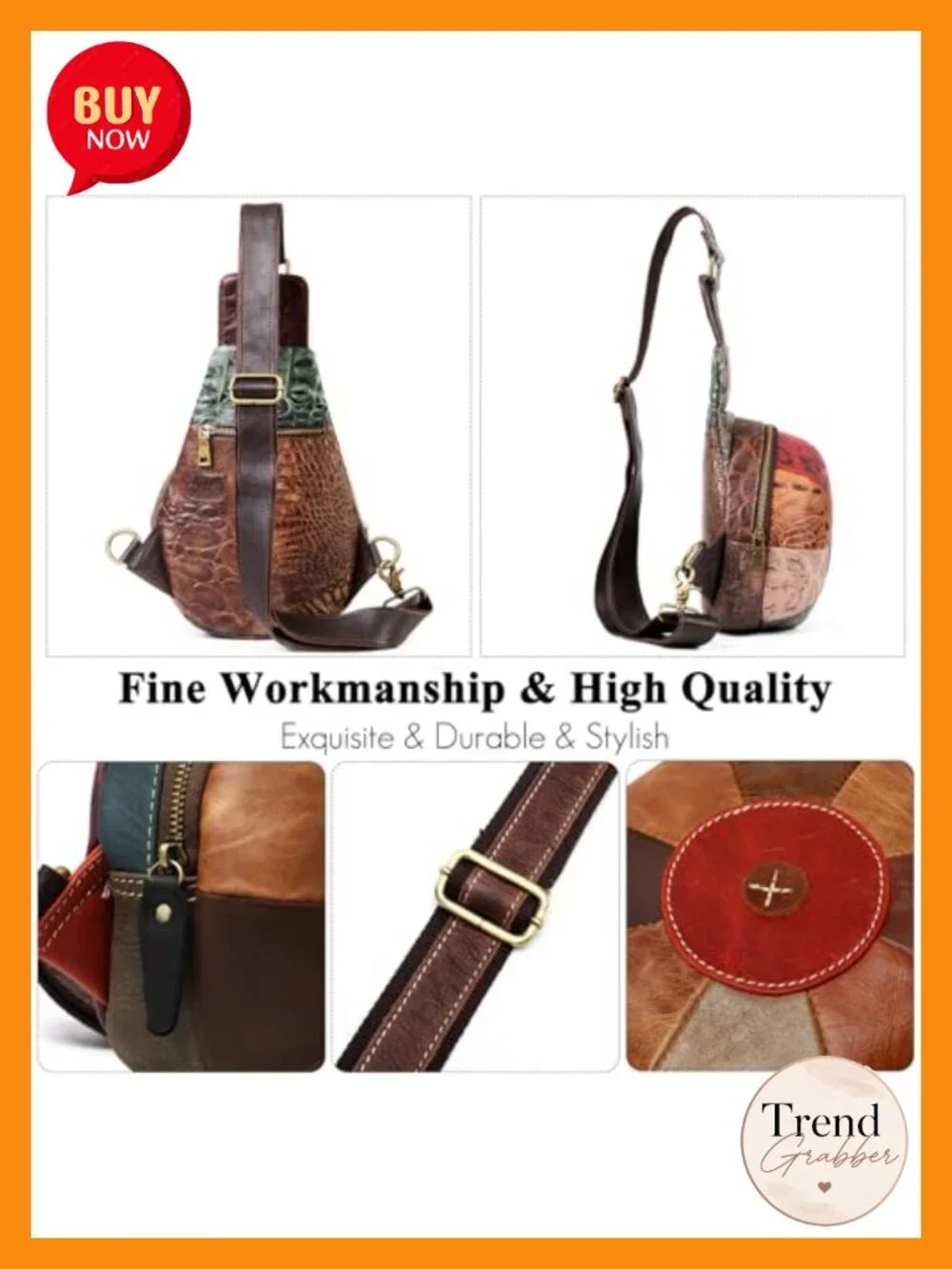Genuine Leather Patchwork Sling Backpack Crossbody with Headphone Port